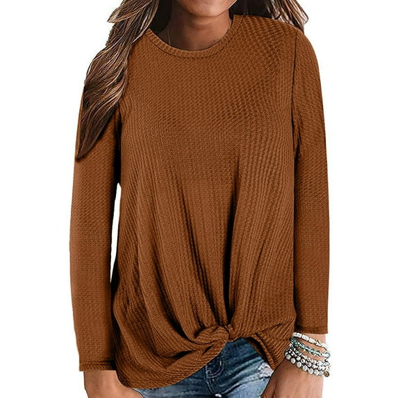 Women's O-Neck Long Sleeve Tops Knot Waffle Knit Tunic Shirts