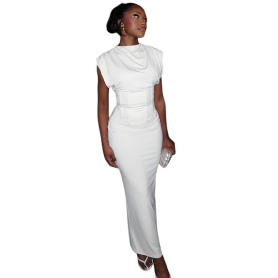 Women's O-Neck Sleeveless Pleated Lace-Up Waistband Split Hips Wrapped Long Dress, Solid Color