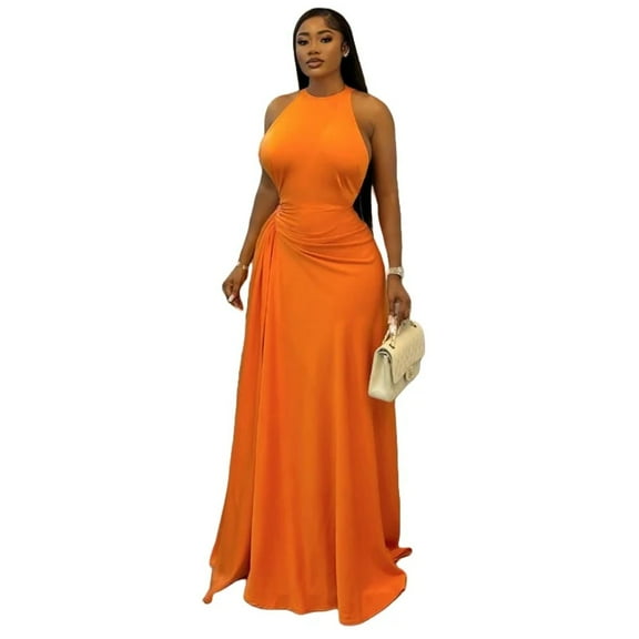 Women's O-Neck Sleeveless Pleated Waistband Hips Wrapped Long Dress, Solid Color