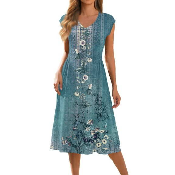 Women's O-Neck Sleeveless Swing Dress Bohemian Ruffle Trim Casual Summer Dress with Pockets and Breathable Cotton for Picnics,Blue L