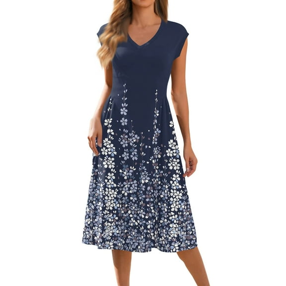 Women's O-Neck Sleeveless Swing Dress Bohemian Ruffle Trim Casual Summer Dress with Pockets and Breathable Cotton for Picnics,Navy L
