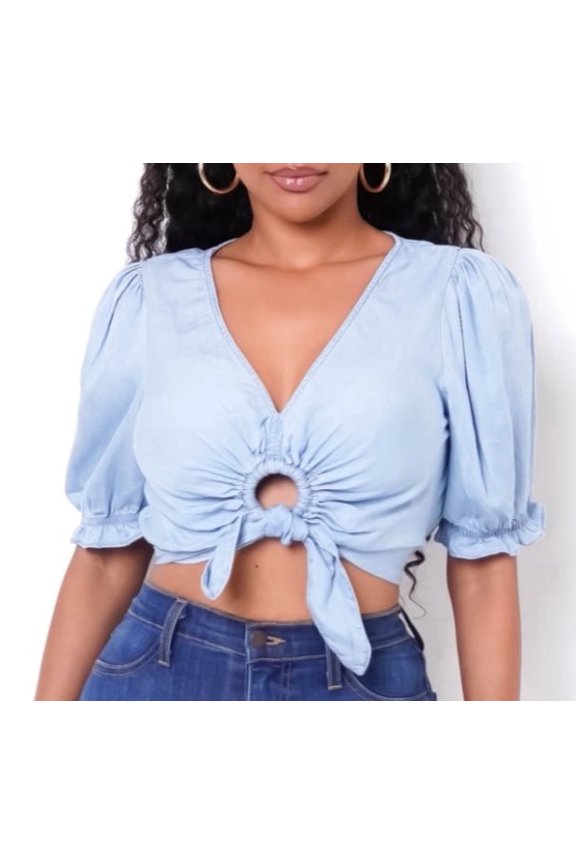 Women's O-Ring Crop Top, Light Wash Blouse, Casual