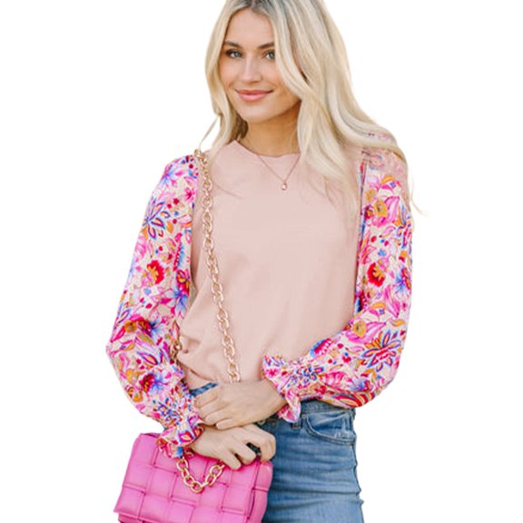 Women's Oatmeal Floral Printed Patchwork Smocked Lantern Sleeve Knit Sweater - [ZhiHiMeRi] | (US 12-14)L