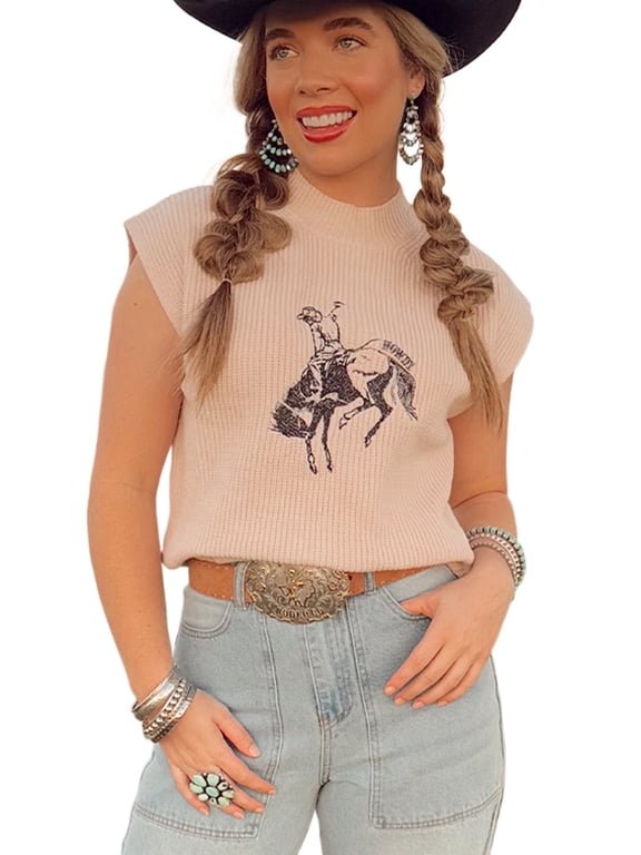 Women's Oatmeal HOWDY Rodeo Cowboy Graphic High Neck Short Sleeve Sweater - [ZhiHiMeRi] | (US 16-18)XL