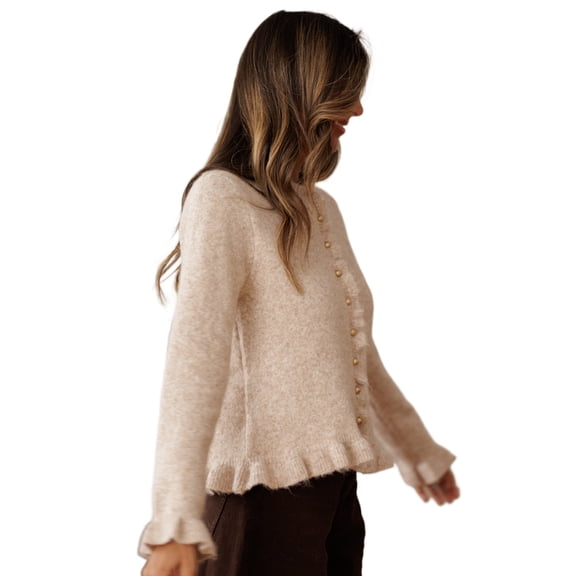 Women's Oatmeal Ruffle Trim Cardigan – Elegant Gold Button Sweater for Office & Daily Wear | XL