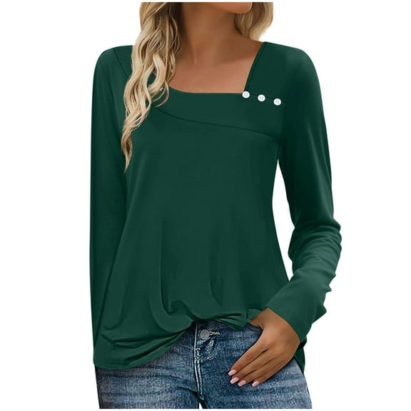 Women's Oblique Collar Shirts Trendy Solid Button Decor T-shirt Top Fashion Loose Casual Long Sleeve Blouses 2025 Fall Outfits