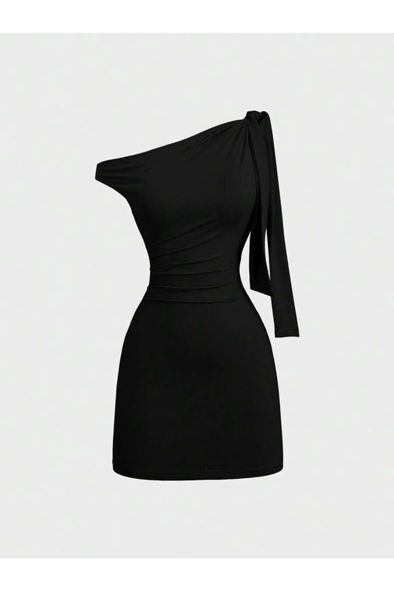 Women's Oblique Shoulder Flounce Waist Cinching Sexy Bodycon Mini Dress, French Chic