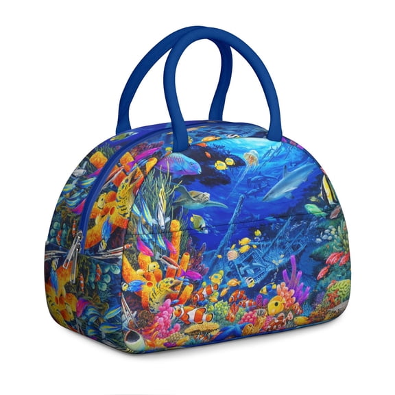 Women's Ocean Adventure Lunch Box with Shark & Whale - Insulated Reusable Bag for Office, Work, Travel, Beach, Leakproof Compact with Pockets