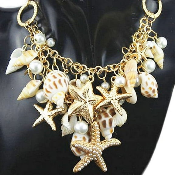 Women's Ocean Sea Shell Faux Pearl Starfish Layered Statement Necklace Jewelry