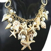 Womens Ocean Sea Shell Faux Pearl Starfish Layered Statement Necklace Jewelry