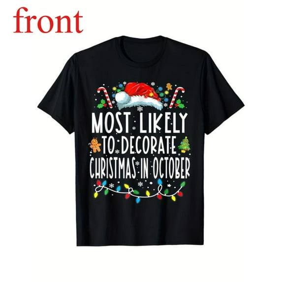 Women's October Christmas Decor Graphic Comfortable T Shirt Casual Short Sleeve Round Neck Top Black S-5XL