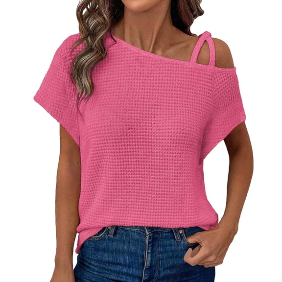 Women's Off One Shoulder Knit Short Sleeve Summer Tops, Casual Lightweight Solid Color Blouses