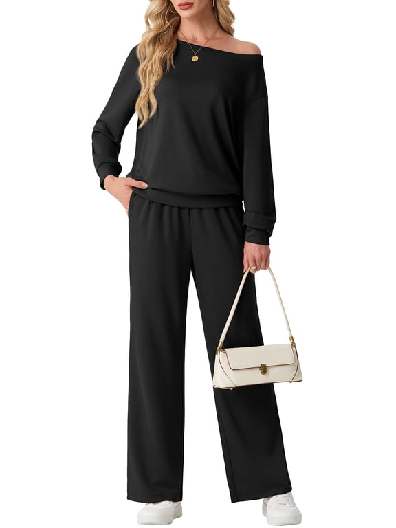 Women's Off Shoulder 2 Piece Knit Matching Set Long Sleeve Pullover Top with Drawstring Wide Leg Pants Black L