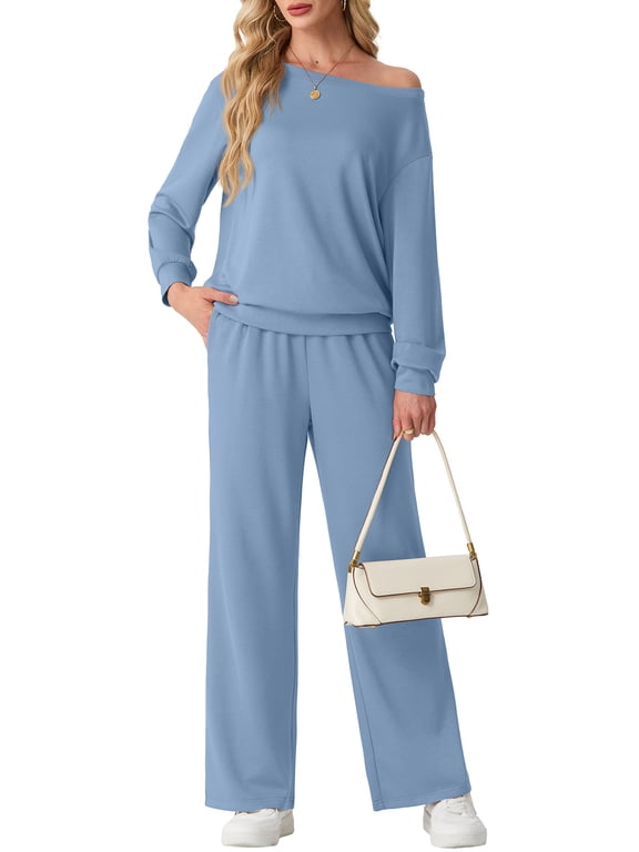 Women's Off Shoulder 2 Piece Knit Matching Set Long Sleeve Pullover Top with Drawstring Wide Leg Pants Denim Blue L