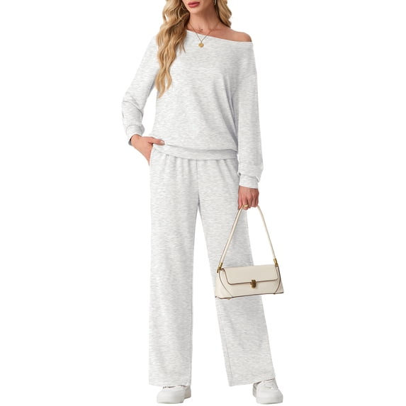 JWD Women's Off Shoulder 2 Piece Knit Matching Set Long Sleeve Pullover Top with Drawstring Wide Leg Pants Light Gray L