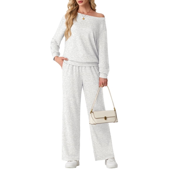 Women's Off Shoulder 2 Piece Knit Matching Set Long Sleeve Pullover Top with Drawstring Wide Leg Pants Light Gray L