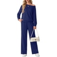 thumbnail image 1 of JWD Women's Off Shoulder 2 Piece Knit Matching Set Long Sleeve Pullover Top with Drawstring Wide Leg Pants Navy Blue XL, 1 of 6