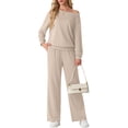 thumbnail image 1 of JWD Women's Off Shoulder 2 Piece Knit Matching Set Long Sleeve Pullover Top with Drawstring Wide Leg Pants Oatmeal L, 1 of 6