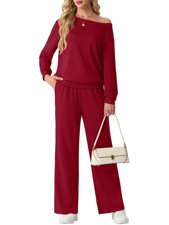 Women's Off Shoulder 2 Piece Knit Matching Set Long Sleeve Pullover Top with Drawstring Wide Leg Pants Wine Red L