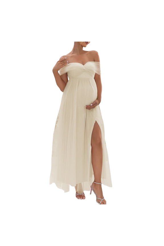 Women's Off-Shoulder A-Line Tulle Slit Long Maxi Maternity Dress for Photoshoot Baby Shower Wedding Guest Gown,White,XL