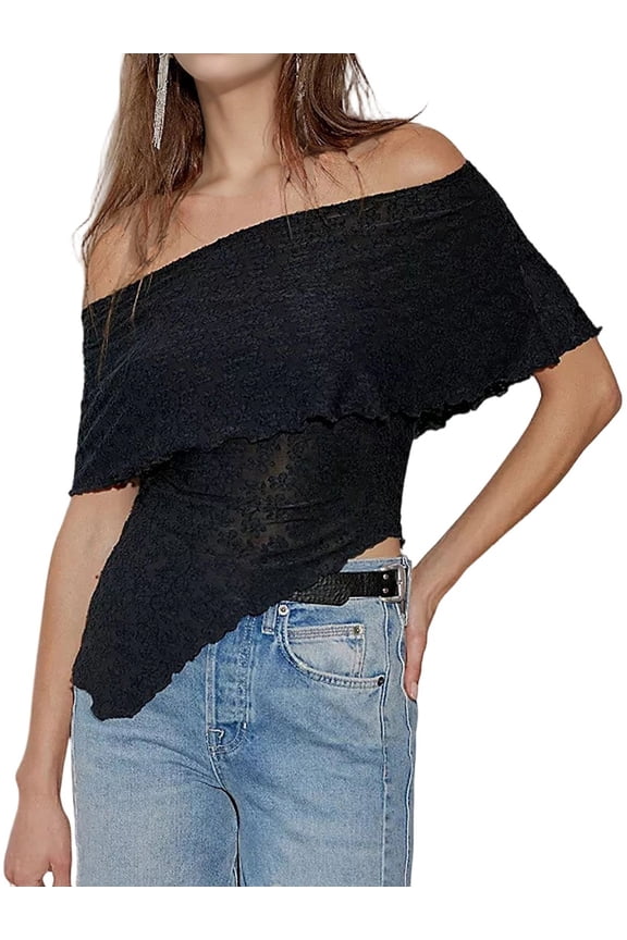 Women's Off Shoulder Asymmetric Hem Ruffle Textured Short Sleeve Fitted Casual Top
