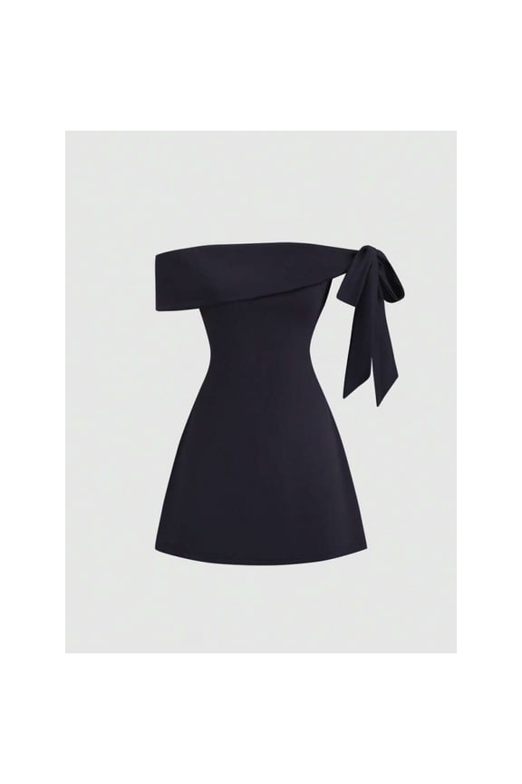 Women's Off Shoulder Asymmetrical Bow Sleeve Fitted Waist Mini A-Line Dress