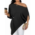 thumbnail image 1 of Women's Off Shoulder Asymmetrical Tops Dressy Dolman Sleeve Ruched Going Out Blouse Dress Top Black S, 1 of 8
