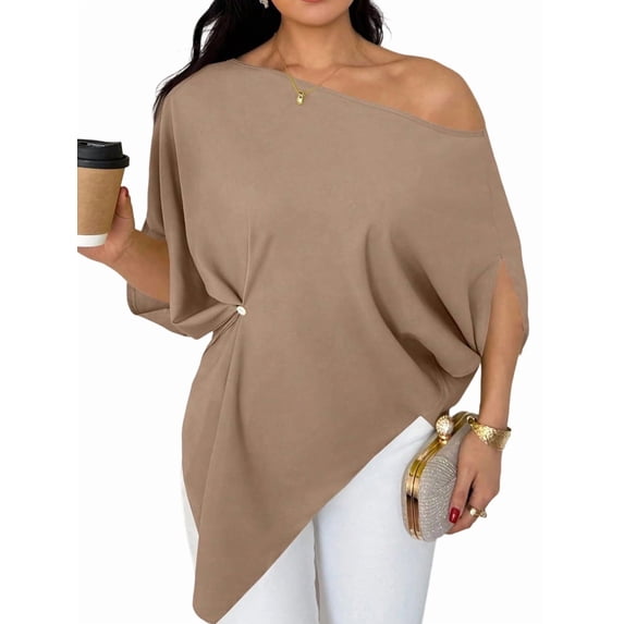 Women's Off Shoulder Asymmetrical Tops Dressy Dolman Sleeve Ruched Going Out Blouse Dress Top Khaki XXL