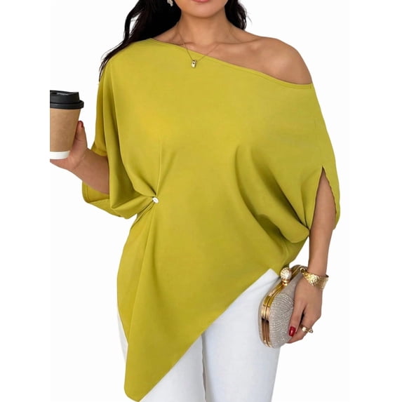 Women's Off Shoulder Asymmetrical Tops Dressy Dolman Sleeve Ruched Going Out Blouse Dress Top Matcha Green L