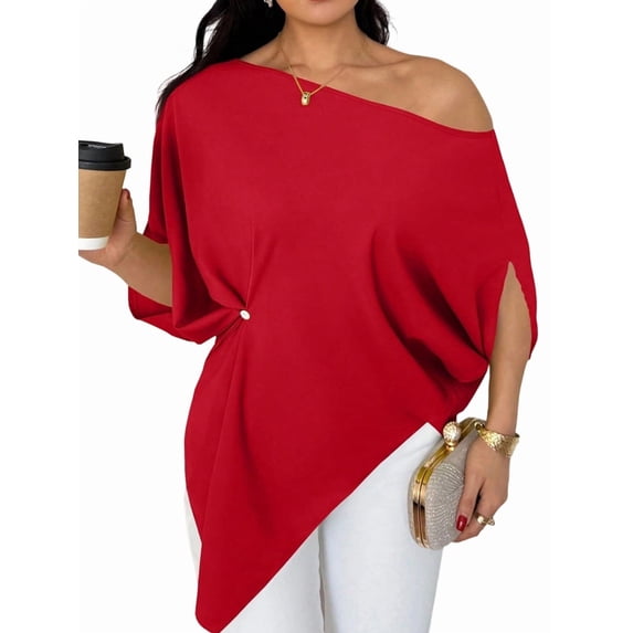 Women's Off Shoulder Asymmetrical Tops Dressy Dolman Sleeve Ruched Going Out Blouse Dress Top Red S