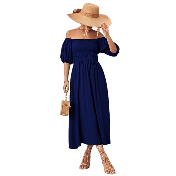 Women's Off Shoulder Balloon Sleeve Midi Dress with Puff Sleeves Ninety Five Percent Polyester Five Percent Spandex