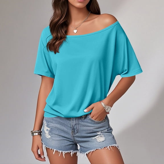 Women's Off Shoulder Basic Tee Casual Summer Tops Lightweight Pure Stretch Knit Blouse for Daily Wear with Jeans