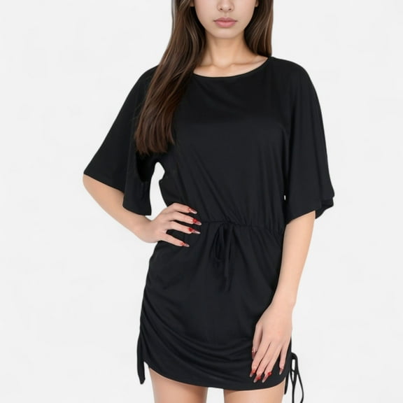 Women's Off-Shoulder Batwing Sleeve Drawstring Ruched Mini Dress- Black,Medium