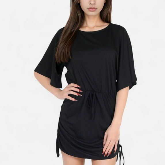 Women's Off-Shoulder Batwing Sleeve Drawstring Ruched Mini Dress- Black,X Large