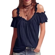 Womens Off Shoulder Blouse Ruffled Strap Cold Shoulder Top with Short Flounce Sleeves Going Out Shirts