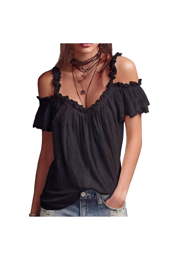 Women's Off Shoulder Blouse Ruffled Strap Cold Shoulder Top with Short Flounce Sleeves Going Out Shirts