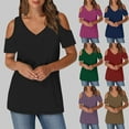 thumbnail image 1 of Women's Off Shoulder Blouse Short Sleeve V Neck Solid Color Shirt Top Loose Fit Fashionable Summer Casual Beach Vacation Tunic | CSEONE,Black L, 1 of 9