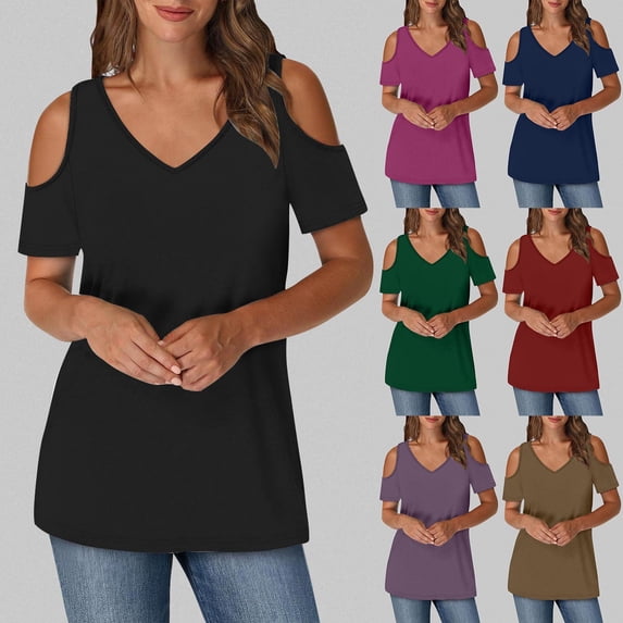 Women's Off Shoulder Blouse Short Sleeve V Neck Solid Color Shirt Top Loose Fit Fashionable Summer Casual Beach Vacation Tunic | CSEONE,Black L