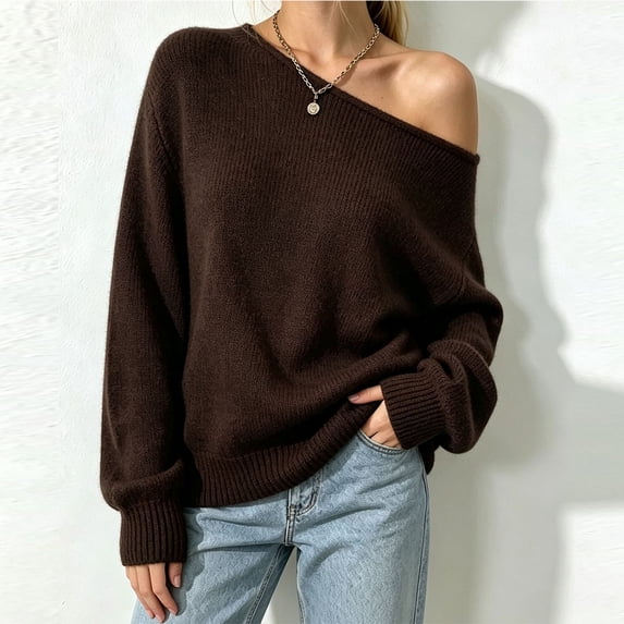 Women's Off Shoulder Boat Neck Knit Sweater, Long Sleeve Oversized Loose Pullover Tops for Casual Daily Outfits M