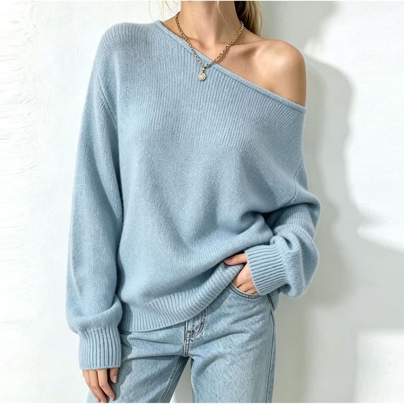 Women's Off Shoulder Boat Neck Knit Sweater, Long Sleeve Oversized Loose Pullover Tops for Casual Daily Outfits XL