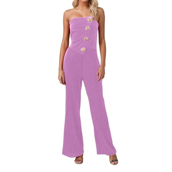 Women's Off Shoulder Button Detail Jumpsuit - Flared Pants, Summer, S-XXL