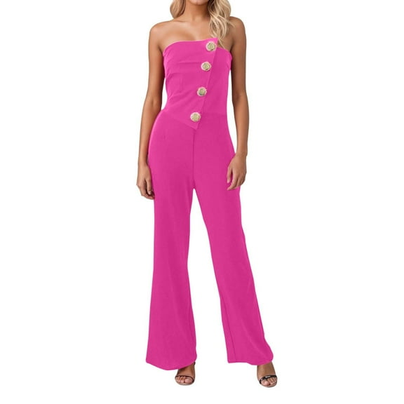 Women's Off Shoulder Button Detail Jumpsuit - Flared Pants, Summer, S-XXL