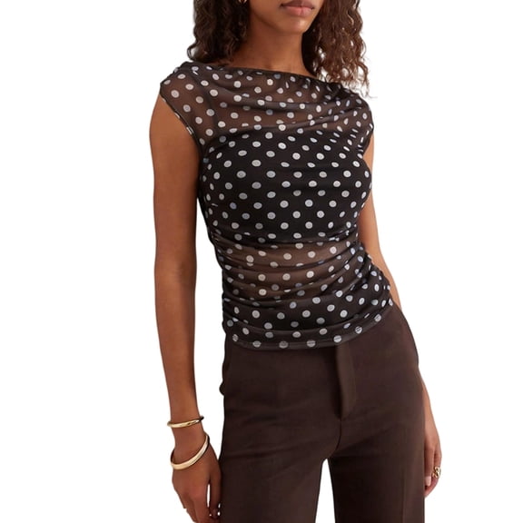 Women's Off Shoulder Cap Sleeve Polka Dot Ruched Slim Blouse Black XS