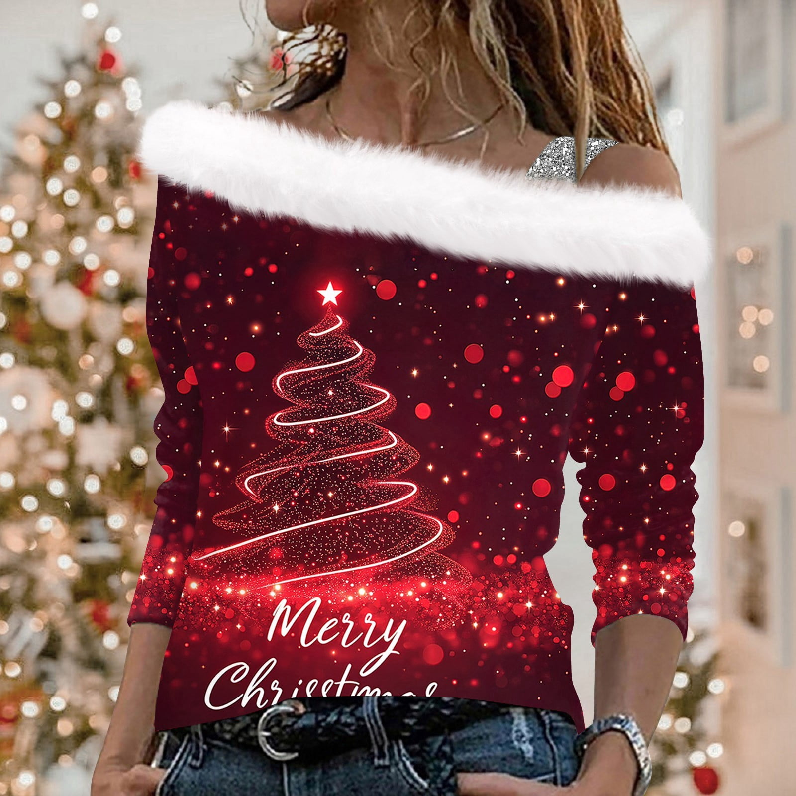 Fur Trim Off The Shoulder Santa Sweater Holiday Sweater Off The