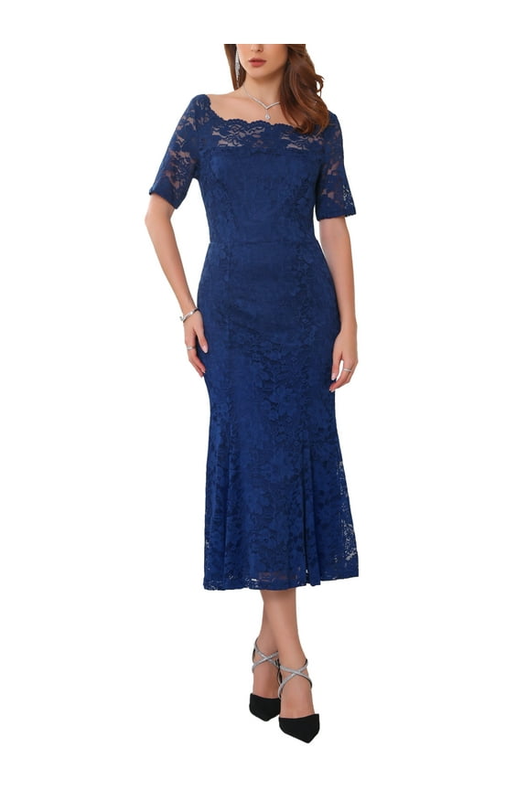 Women's Cocktail Dress Lace Fishtail Hem Short Sleeve Bodycon Midi Dress 2XL Dark Blue