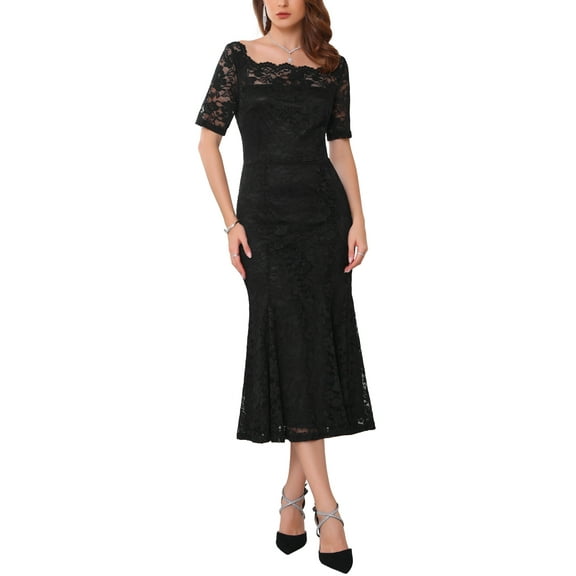 INSPIRE CHIC Women's Cocktail Dress Lace Fishtail Hem Short Sleeve Bodycon Midi Dress M Black