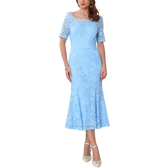 Women's Off Shoulder Cocktail Dress 2025 Short Sleeve Formal Wedding Mermaid Lace Dresses M Sky Blue