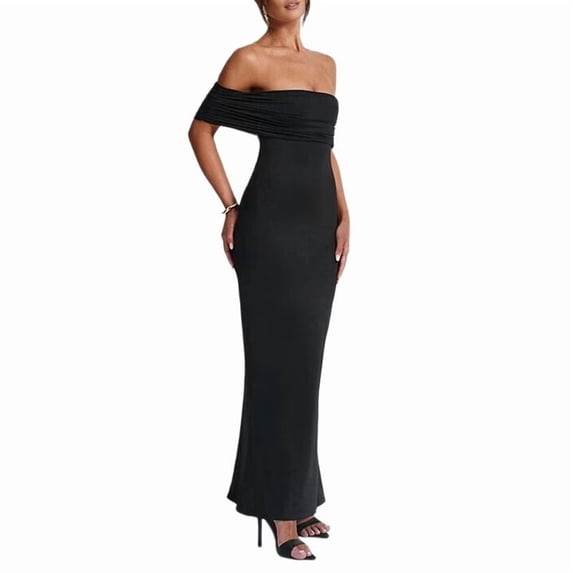 Women's Off Shoulder Corset Ruched Bodycon Formal Guest Dresses Maxi Dress for Wedding Cocktail Black S