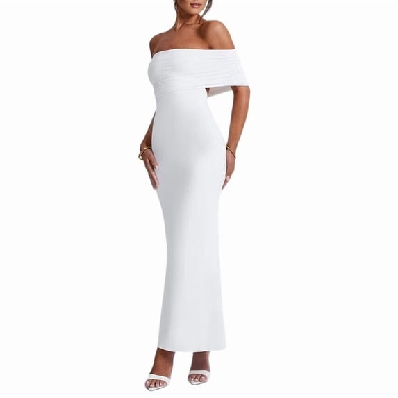 Women's Off Shoulder Corset Ruched Bodycon Formal Guest Dresses Maxi Dress for Wedding Cocktail White S