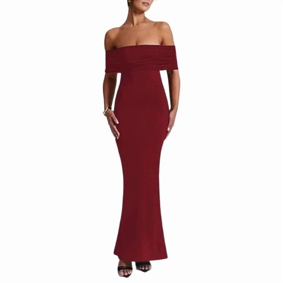Women's Off Shoulder Corset Ruched Bodycon Formal Guest Dresses Maxi Dress for Wedding Cocktail Wine Red M